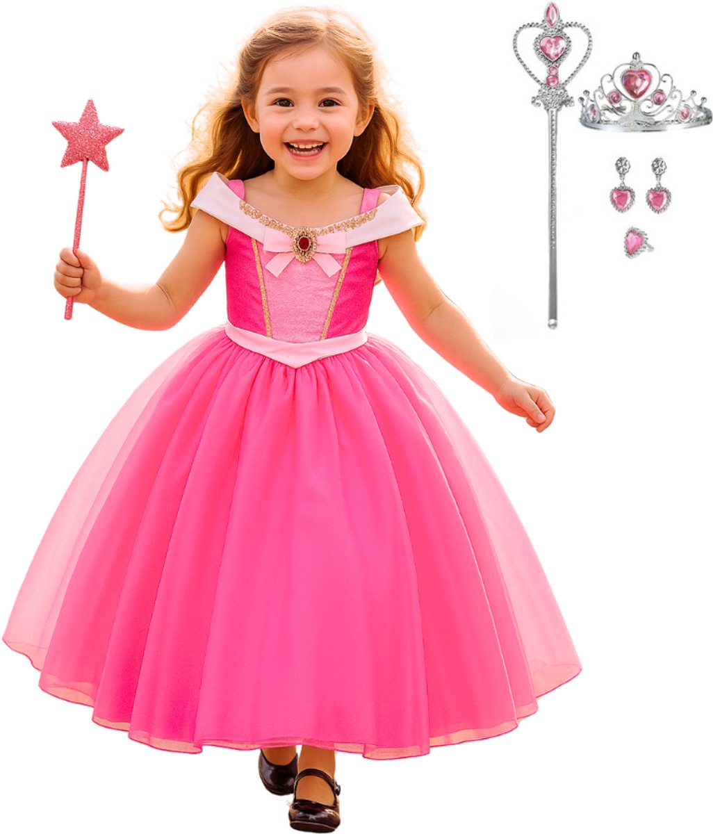 Joya Kids® Roze verkleedjurk korte Mouw | Zomerse Roze Prinsessenjurk | verkleedkleding Meisje | Hard roze Jurk + kroontje & Staf & Sieraden | Cadeau meisje Maat 130